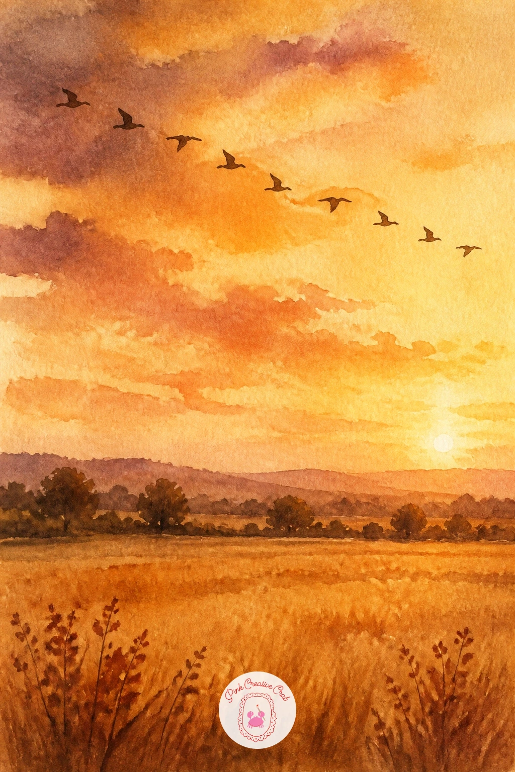 Geese Flying Over a Field — Lift the eye upward for a flock of geese flying in formation over a golden field below. Fall watercolor