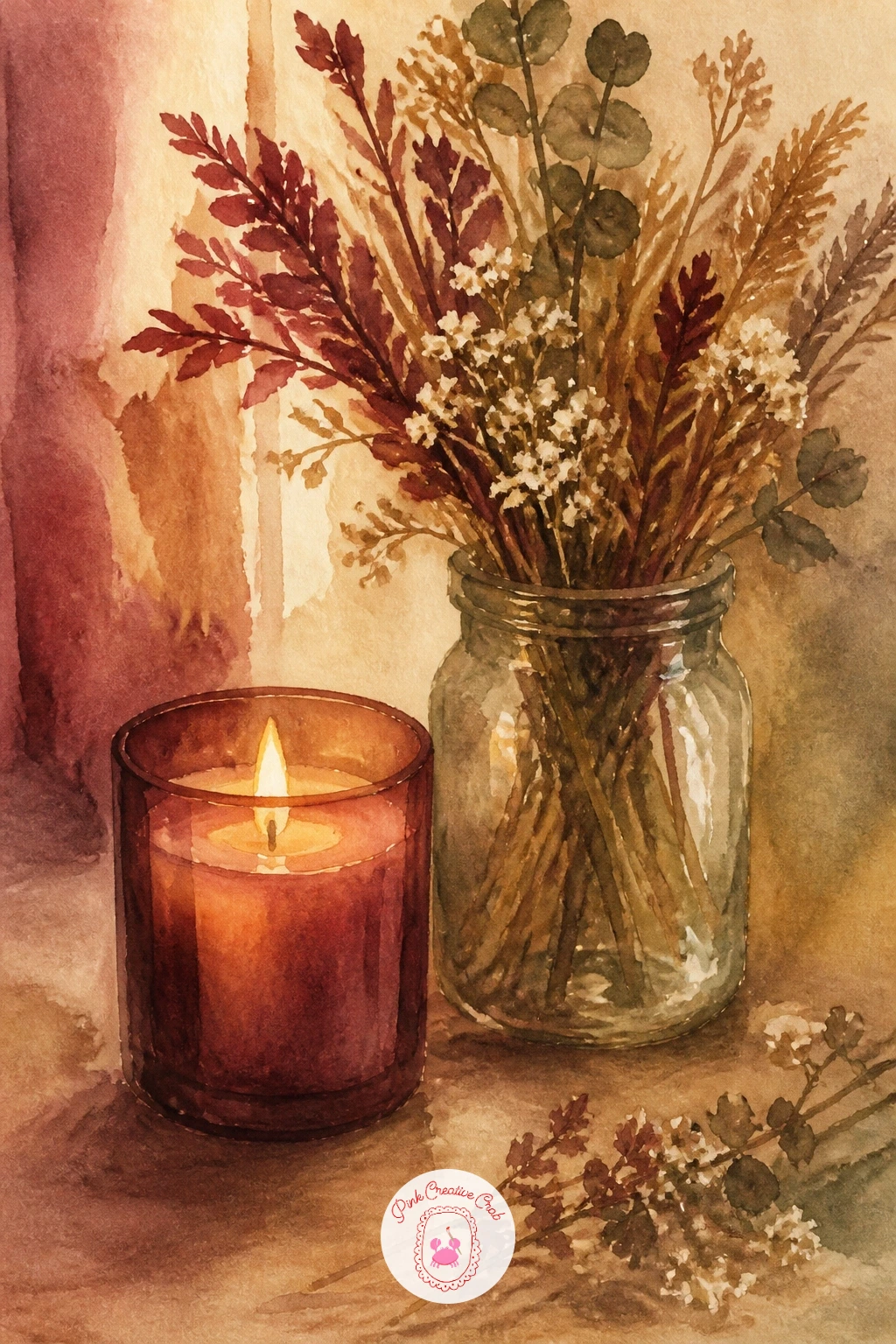 Candle and Dried Flowers on a Table — Close the list with something small and still: a lit candle beside a jar of dried flowers on a wooden table. Fall