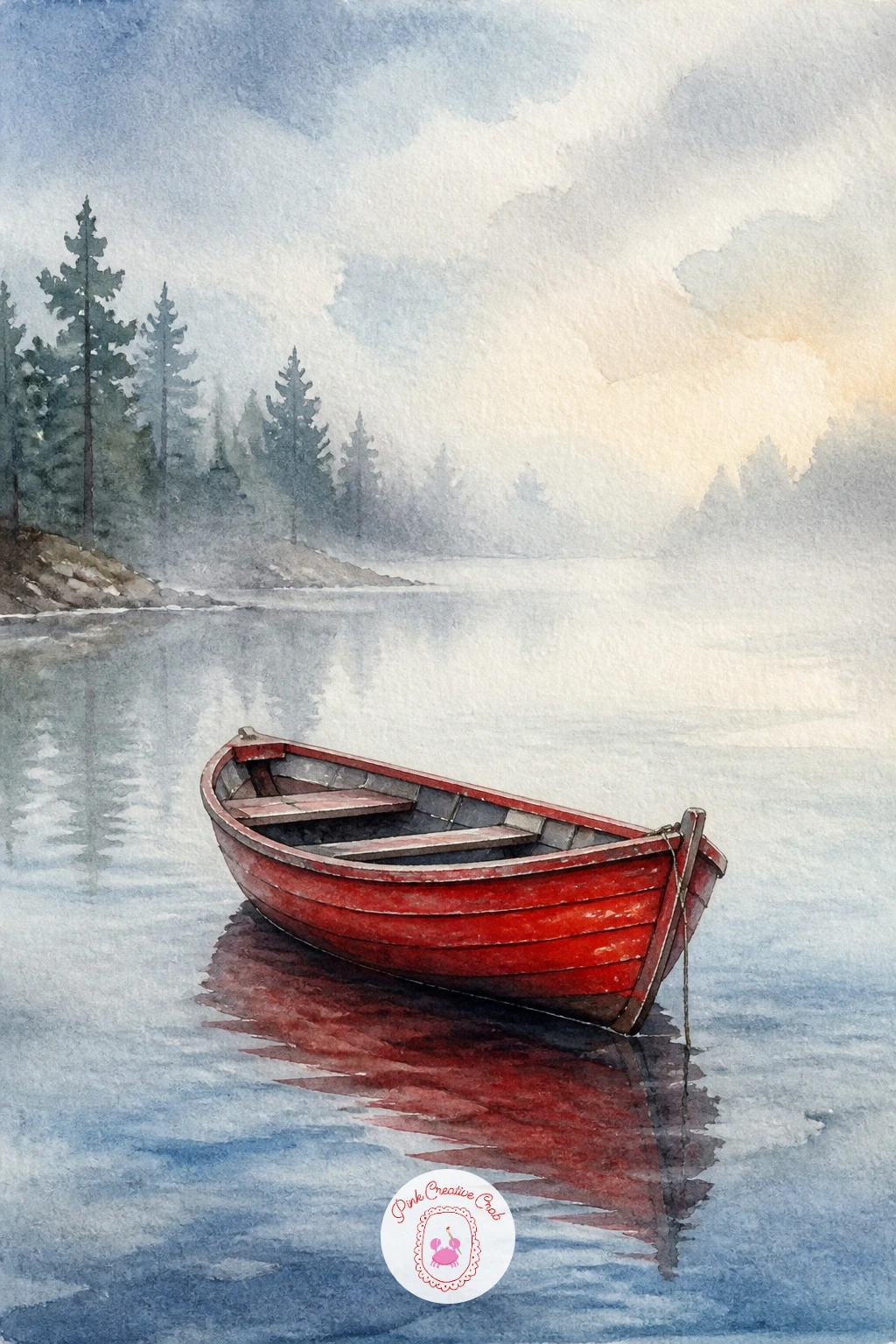 Red Rowboat On A Misty Lake — Mood comes first with this one. Watercolor boat