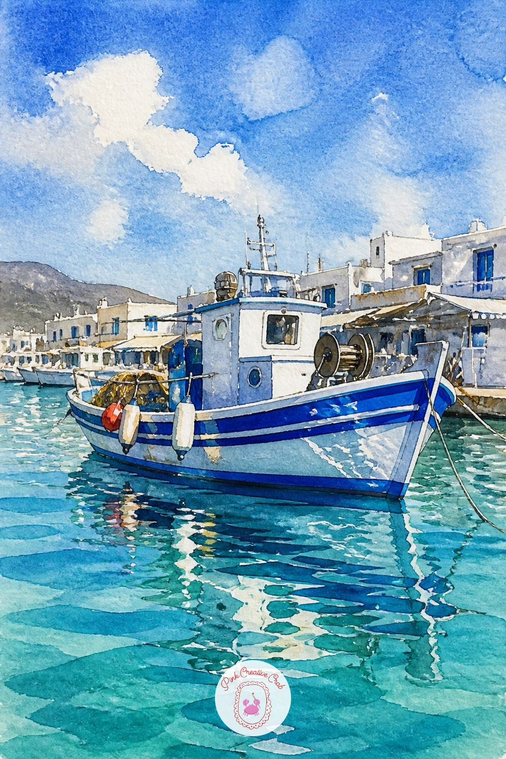 Blue And White Greek Fishing Boat — Start with the boat everyone pictures when they think of Mediterranean harbors: a blue and white fishing boat bobbing