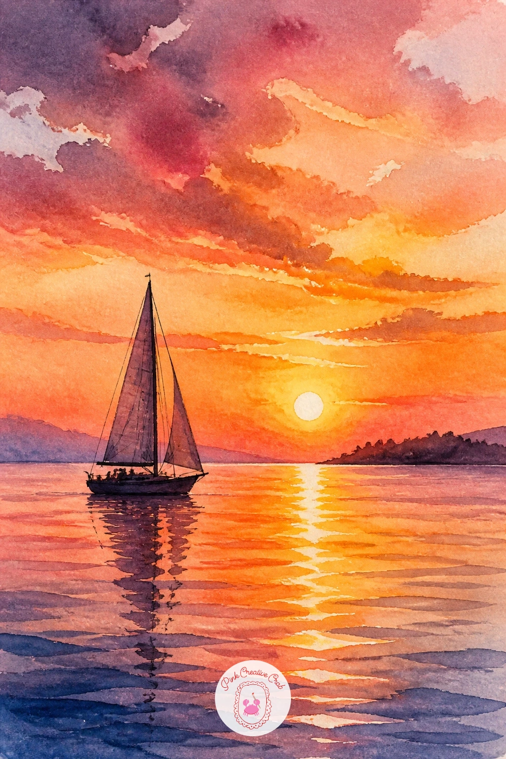 Sailboat At Sunset — Light comes from low in the sky here, so decide on your sun's position before you touch the brush. Watercolor boat