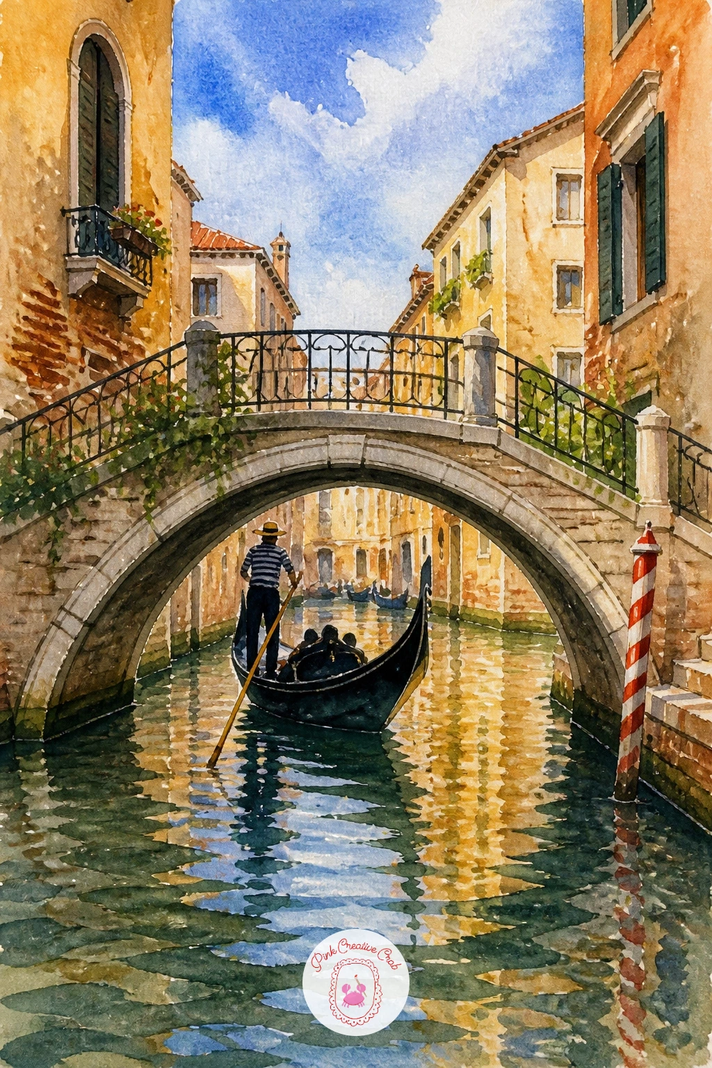 Gondola Under A Bridge — Perspective carries this whole scene, so set your eye level first: a low horizontal pencil line about a third up the page keeps you