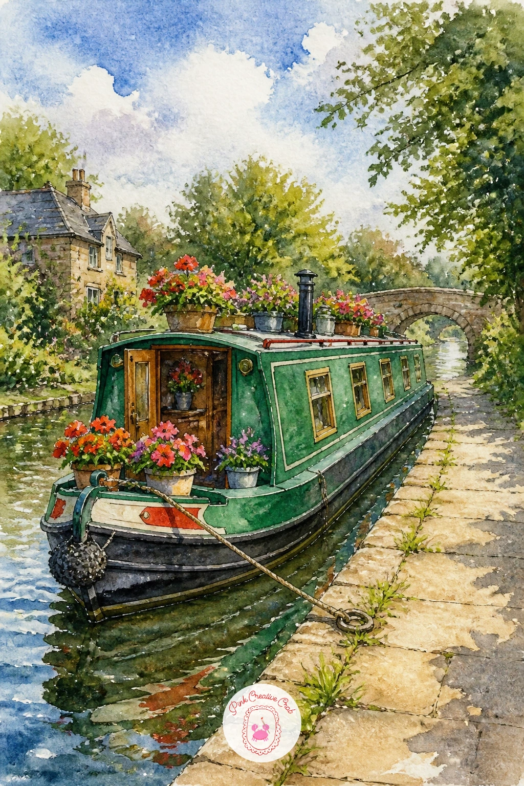 Canal Boat With Flowers — Narrowboats earn their charm from color, so this is where you can be bold. Watercolor boat