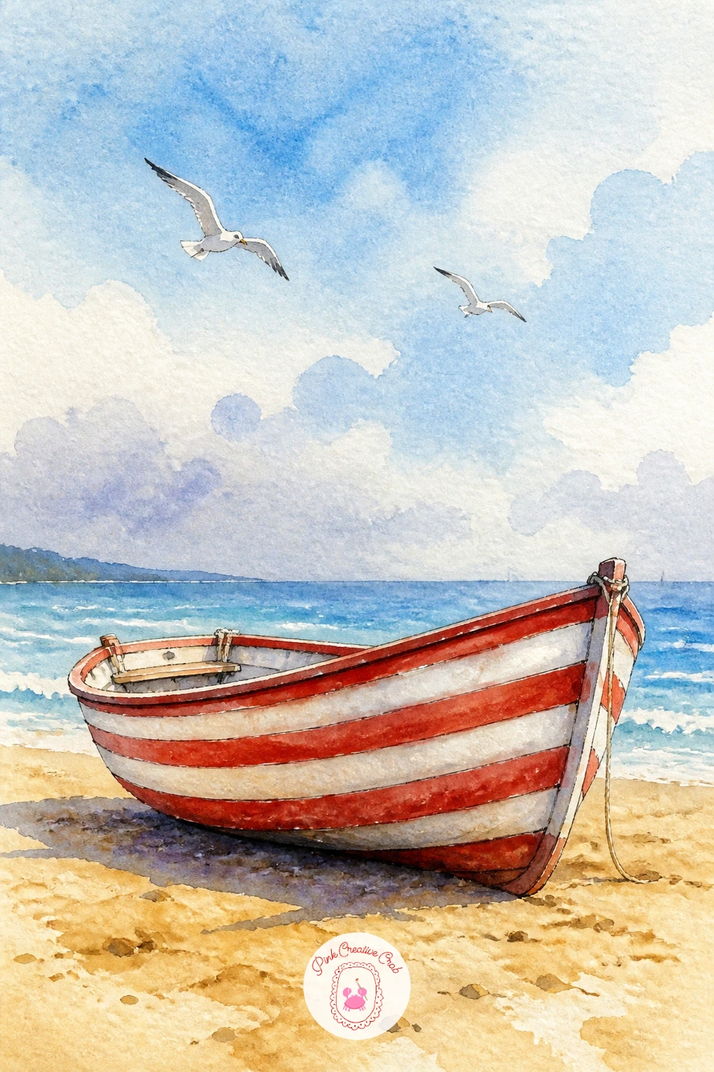 Striped Beach Boat On The Sand — This scene needs only two shapes and one bold stripe pattern. Watercolor boat