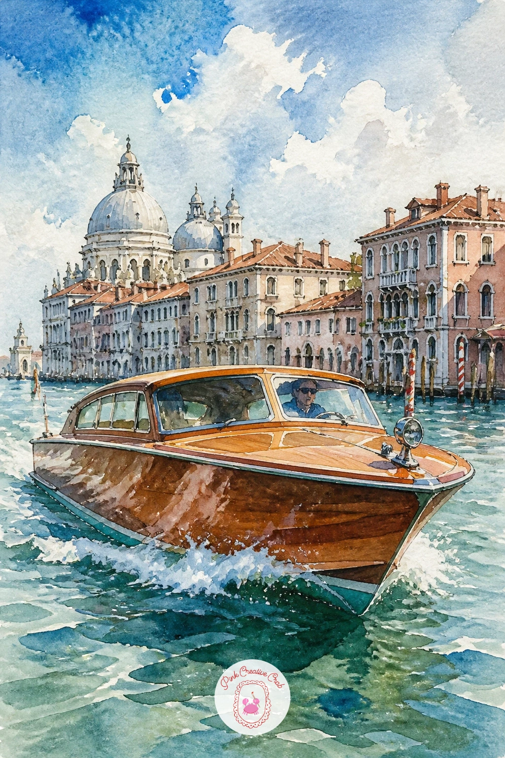 Venetian Water Taxi — Trade the gondola's black for polished wood and chrome on this one. Watercolor boat