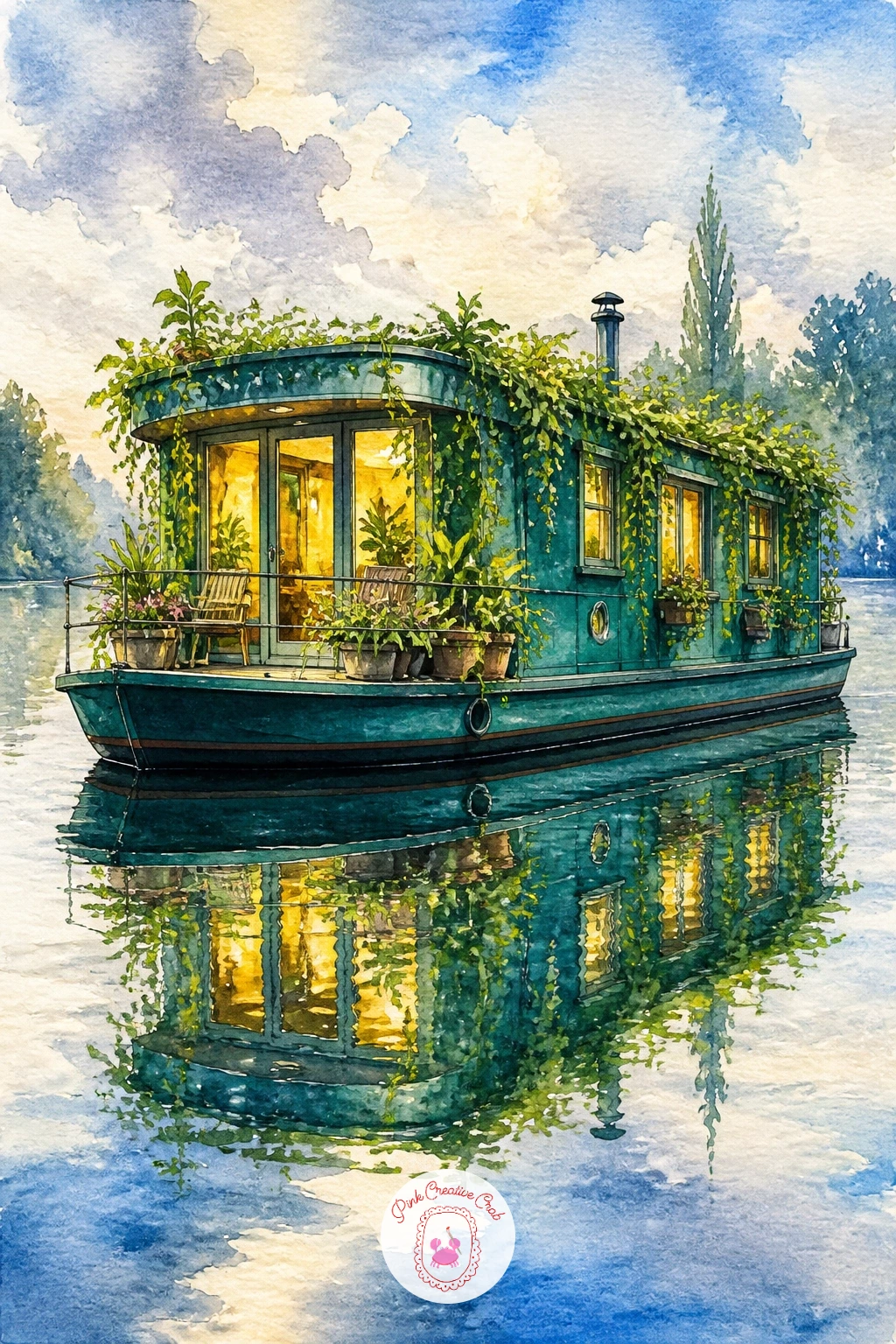 Houseboat With Plants — Bring a little cottagecore warmth to the water with this leafy floating home. Watercolor boat