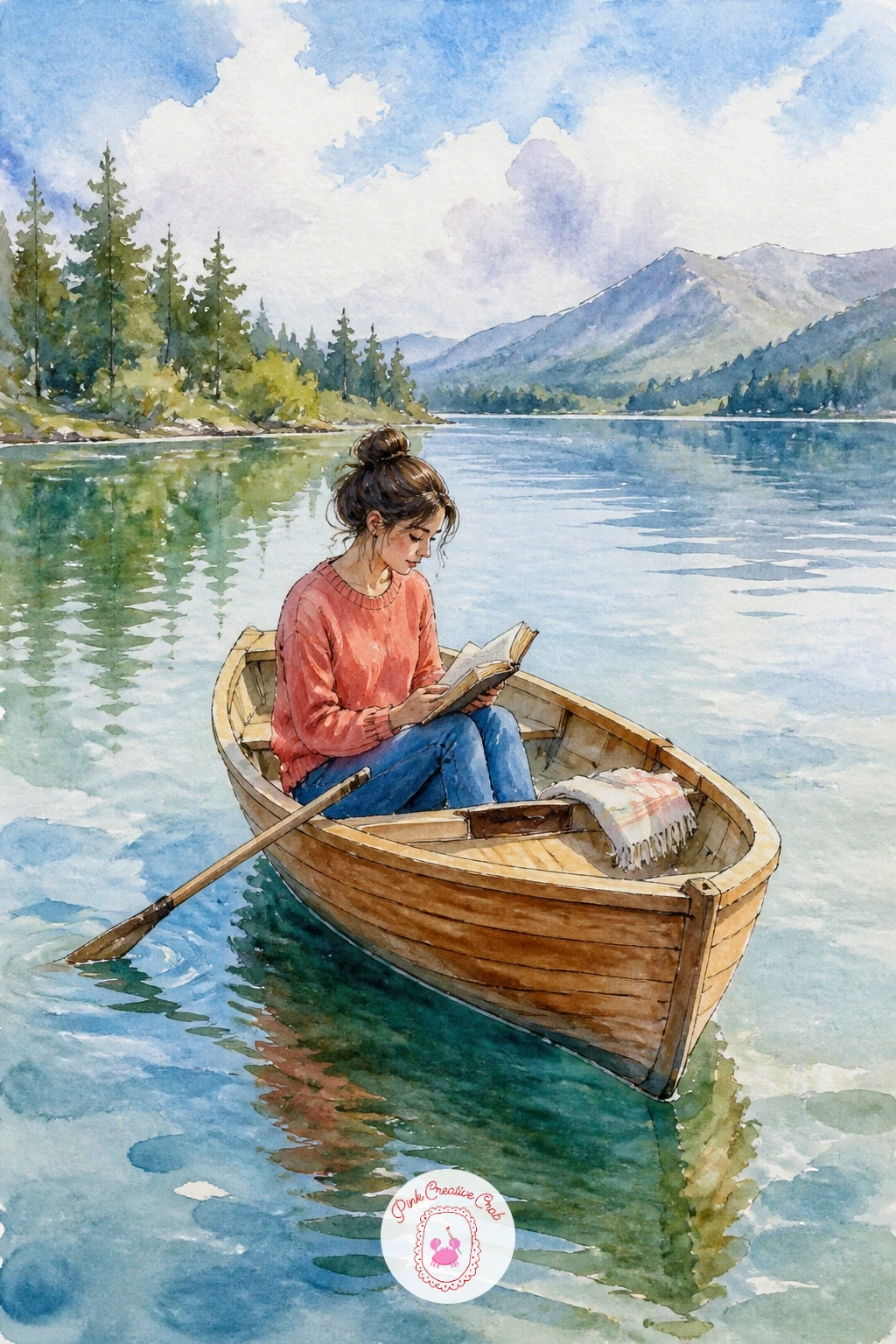 Girl Reading In A Rowboat — Give this scene a human story. Watercolor boat