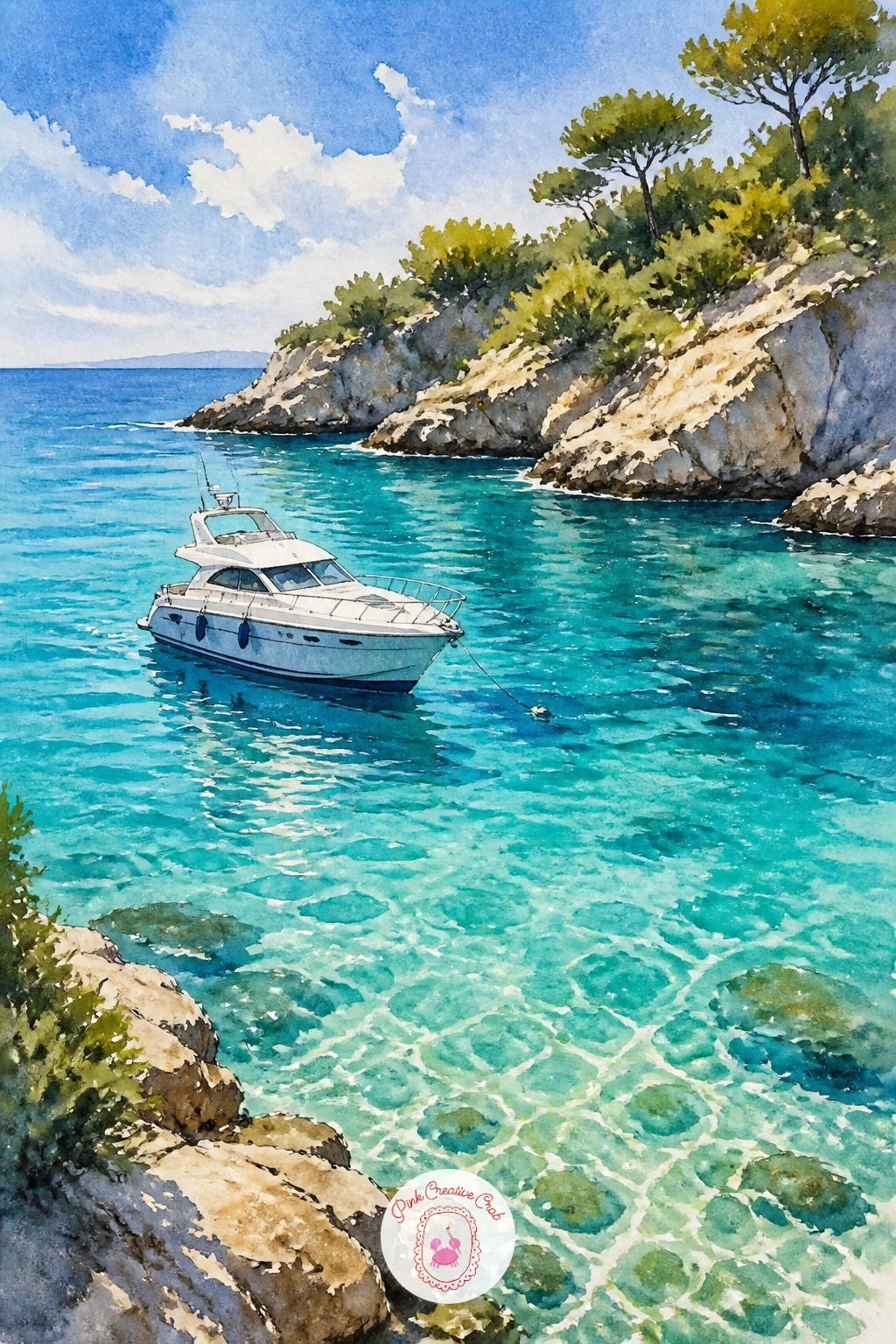 Yacht In A Turquoise Cove — Water is the real star here, so give it the time and layering it deserves. Watercolor boat