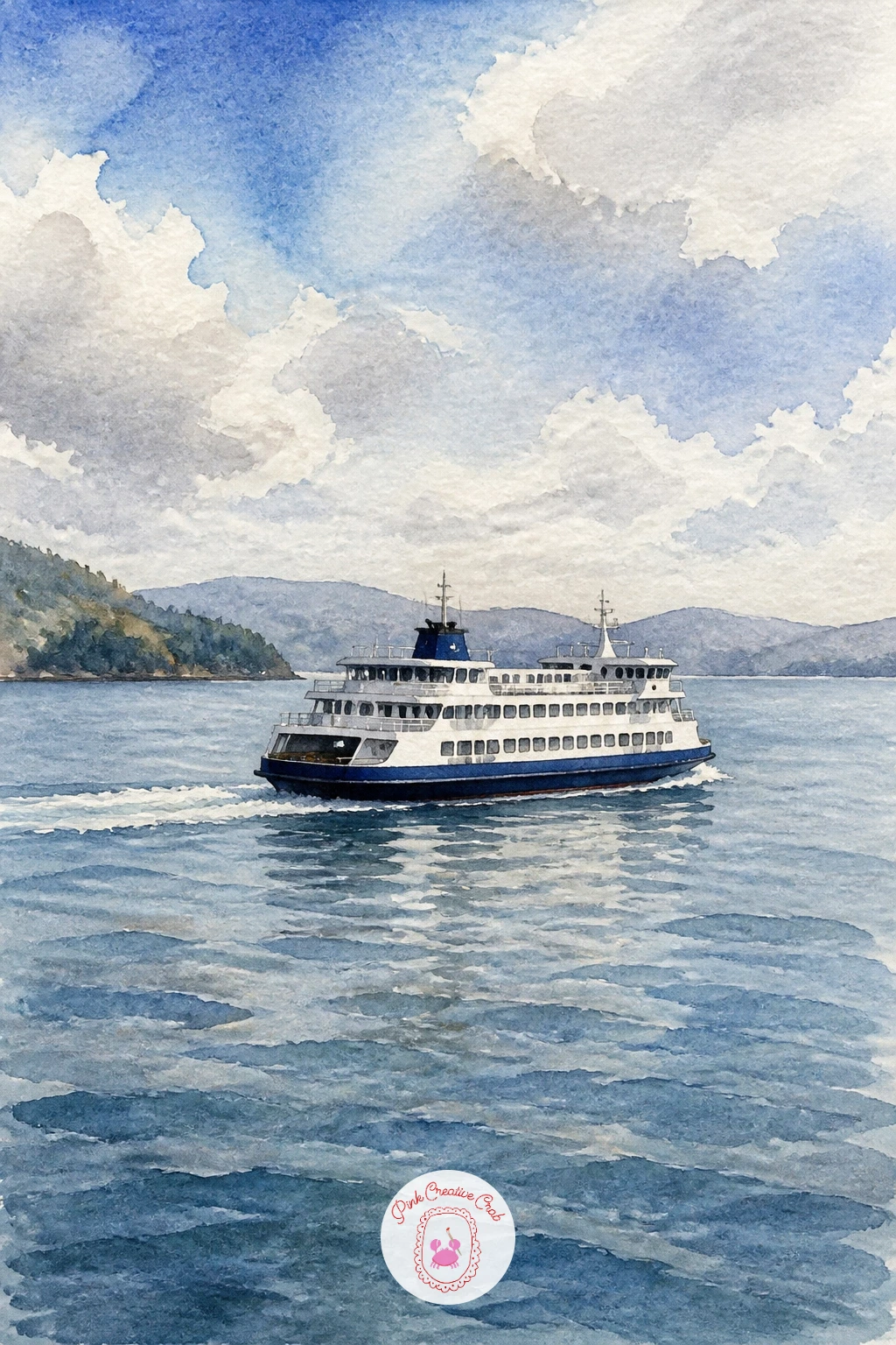 Ferry Crossing A Bay — Scale is everything with a ferry, since it needs to feel sturdy and substantial against a wide stretch of water. Watercolor boat