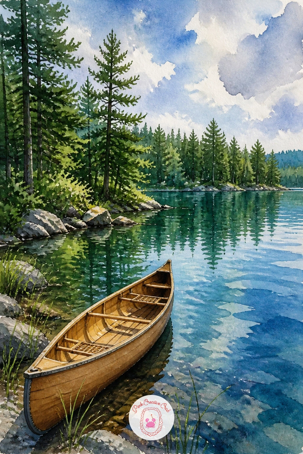 Canoe On A Forest Lake — Trees give this painting its personality, so build them around the canoe rather than the other way around. Watercolor boat