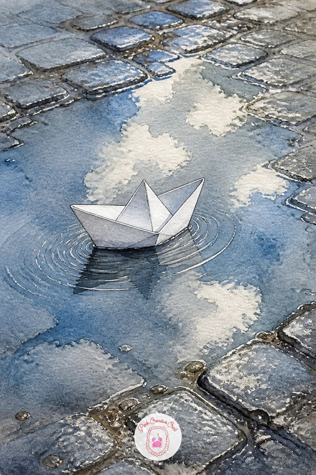 Paper Boat In A Puddle — Scale down completely for this quiet, nostalgic little scene. Watercolor boat