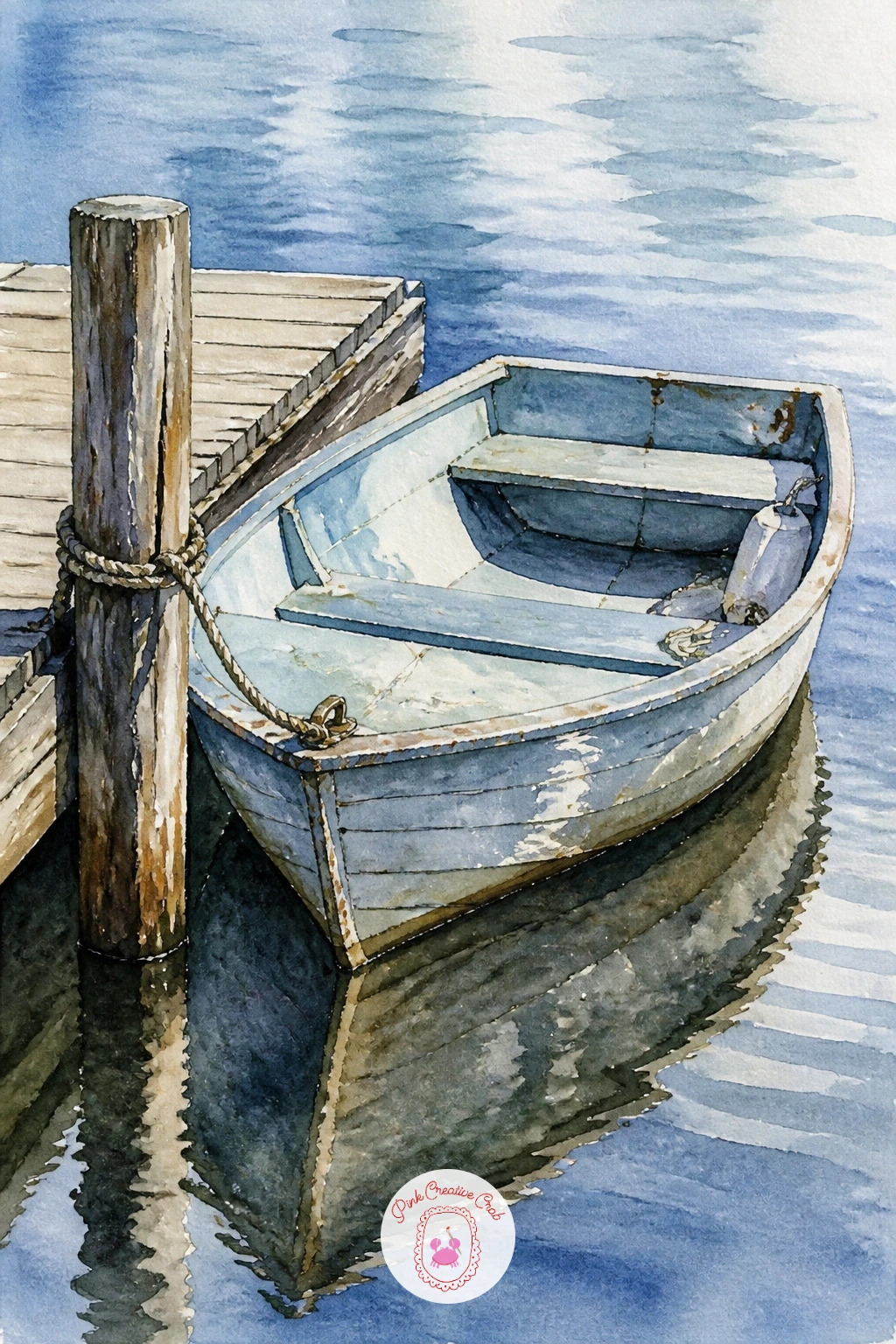 Dinghy Tied To A Dock — Rope and reflection carry most of the charm here. Watercolor boat