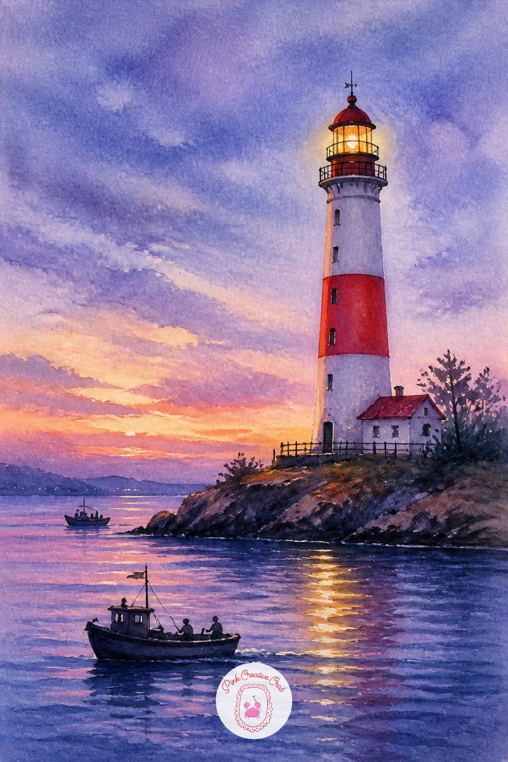 Lighthouse With Boats — Give this scene a clear light source before anything else, since the lighthouse beam is really the whole story. Watercolor boat