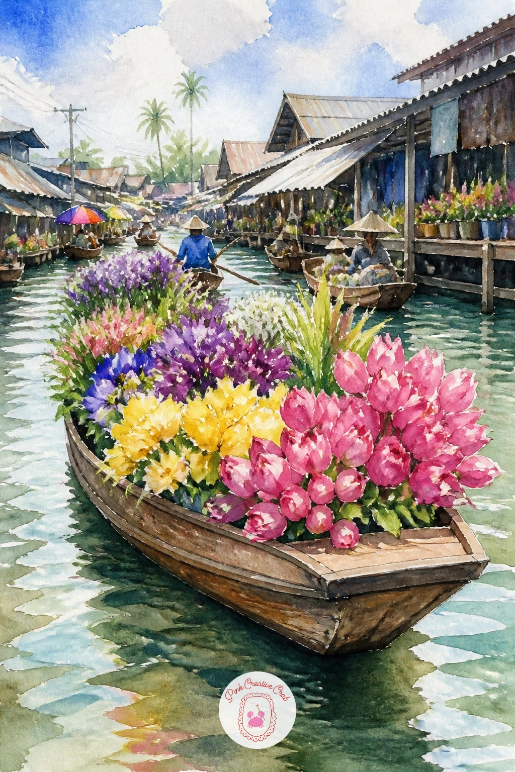 Boat Full Of Flowers At A Market — This is a joyful, color-packed scene borrowed from floating flower markets. Watercolor boat