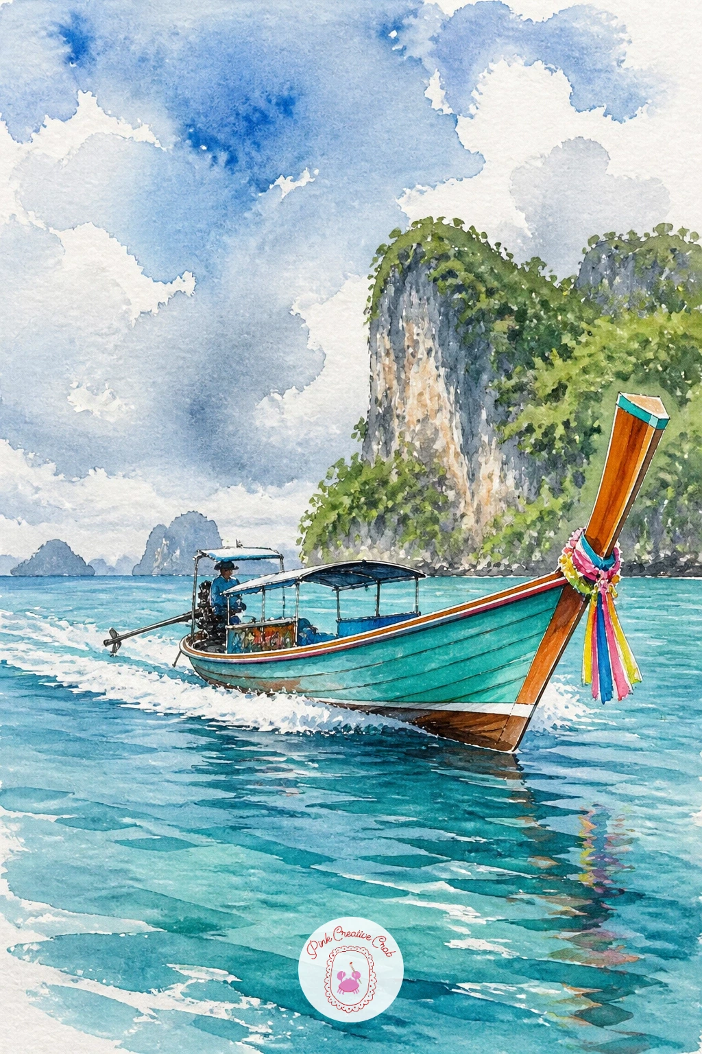 Thai Long-Tail Boat — The long, slender shape is the whole character of this boat, so take time getting its proportions right before adding color. Watercolor