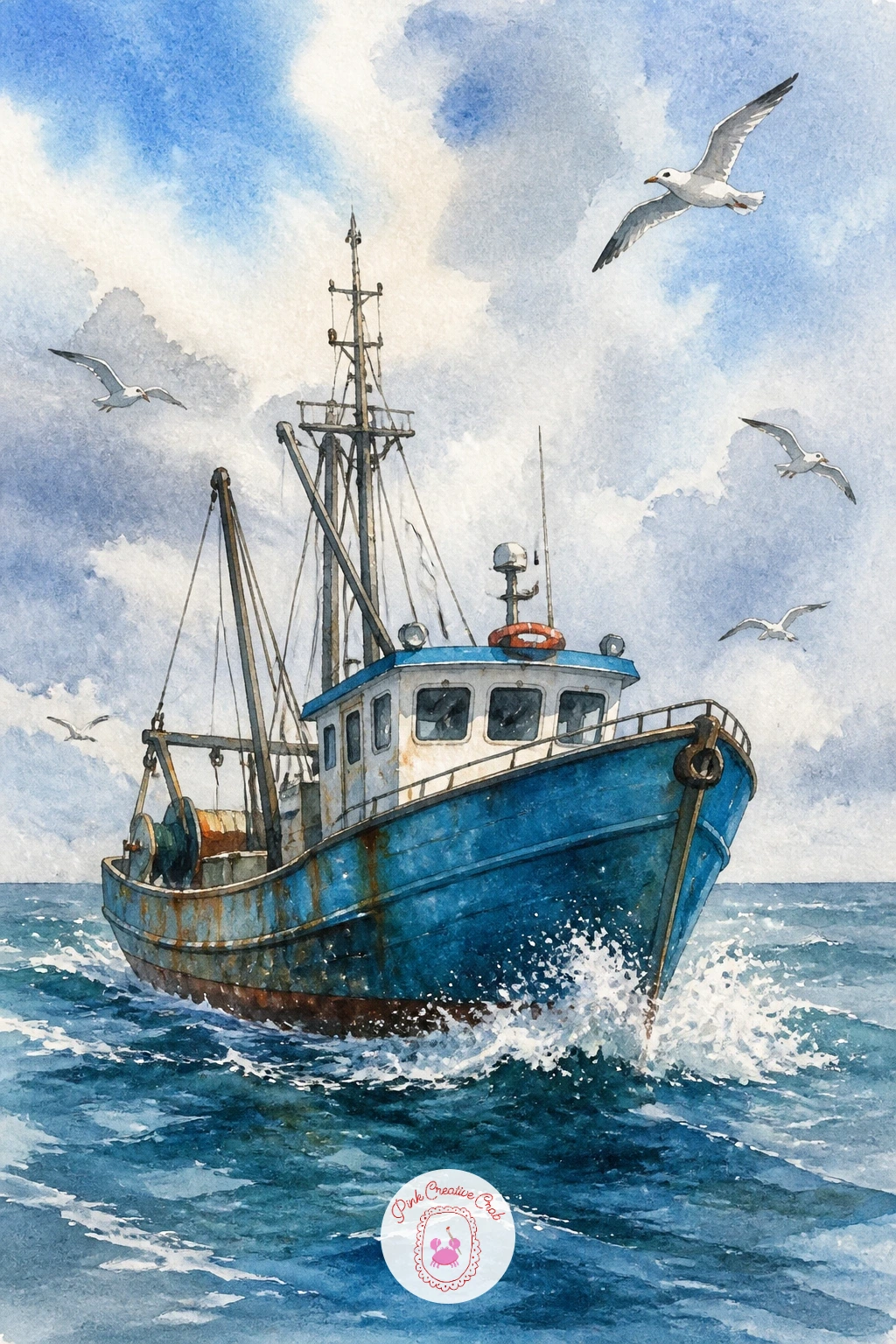 Fishing Boat With Gulls — Life and motion come from the birds here as much as the boat. Watercolor boat