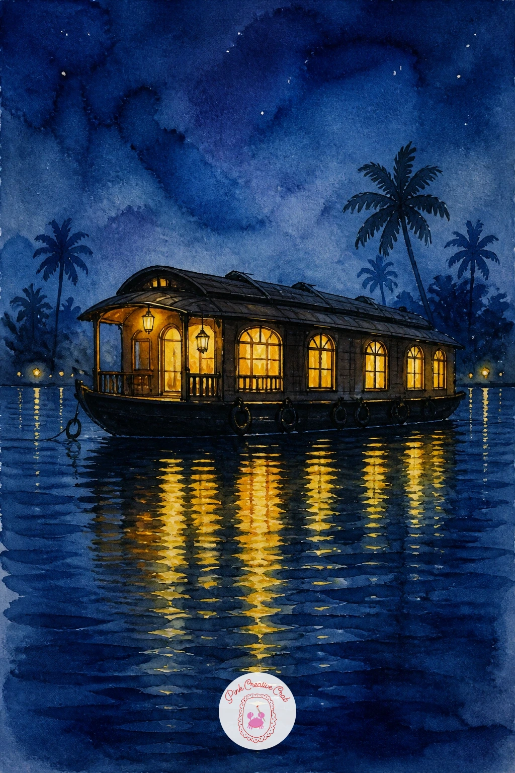 Houseboat At Night With Lights — Contrast is everything in a night scene, so commit to a genuinely dark sky before anything else. Watercolor boat