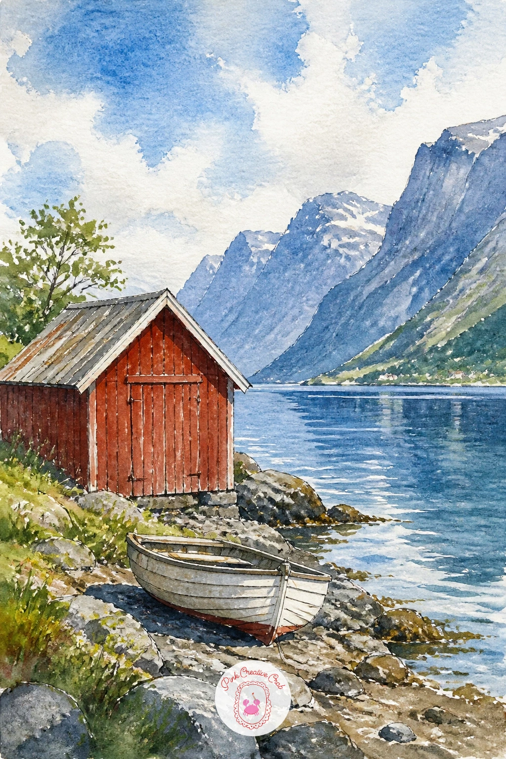 Boat Shed In Norway — Cool, crisp color defines this quiet fjord scene. Watercolor boat