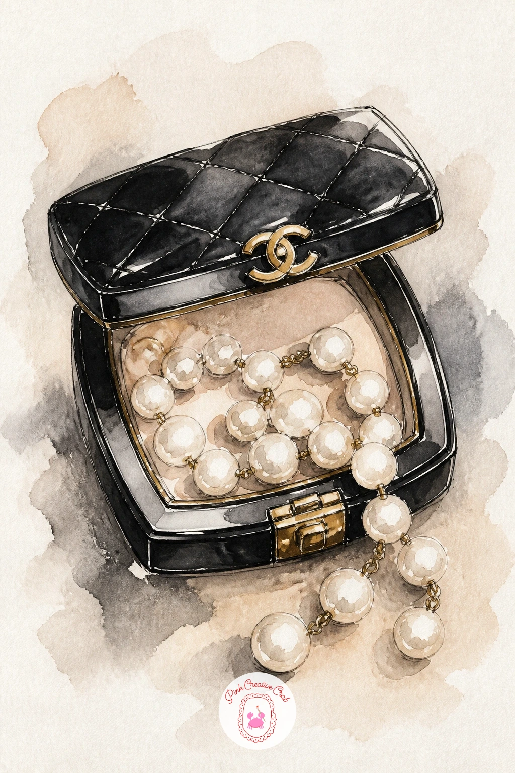 Chanel Compact With Pearls — Move to something more luxe with a Chanel-style compact, its lid open, draped with a loop of pearls. Watercolor makeup