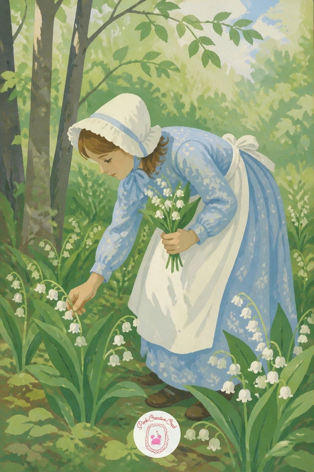 Girl in a Bonnet Picking Lily of the Valley — Here is where a figure joins the flowers: a girl in a bonnet bending to pick lily of the valley in the woods.