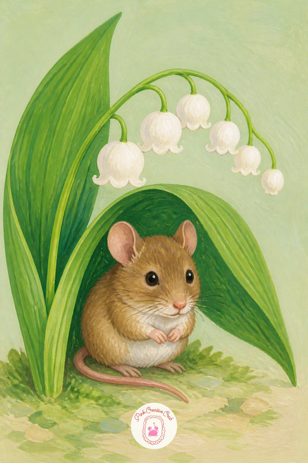 Mouse Sheltering Under Lily of the Valley — Add a small character for charm: a tiny mouse sheltering under an arching stem of lily of the valley as if it were