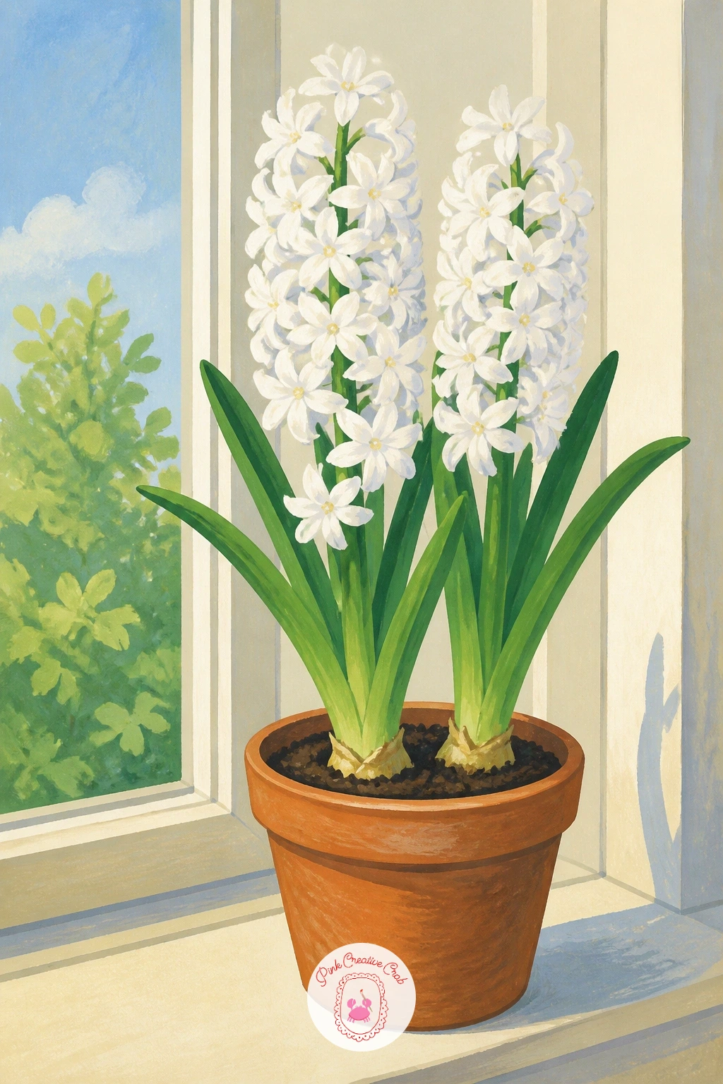 White Hyacinth on a Windowsill — Bring the scene indoors again with a pot of white hyacinth sitting on a windowsill. Lily of the valley painting