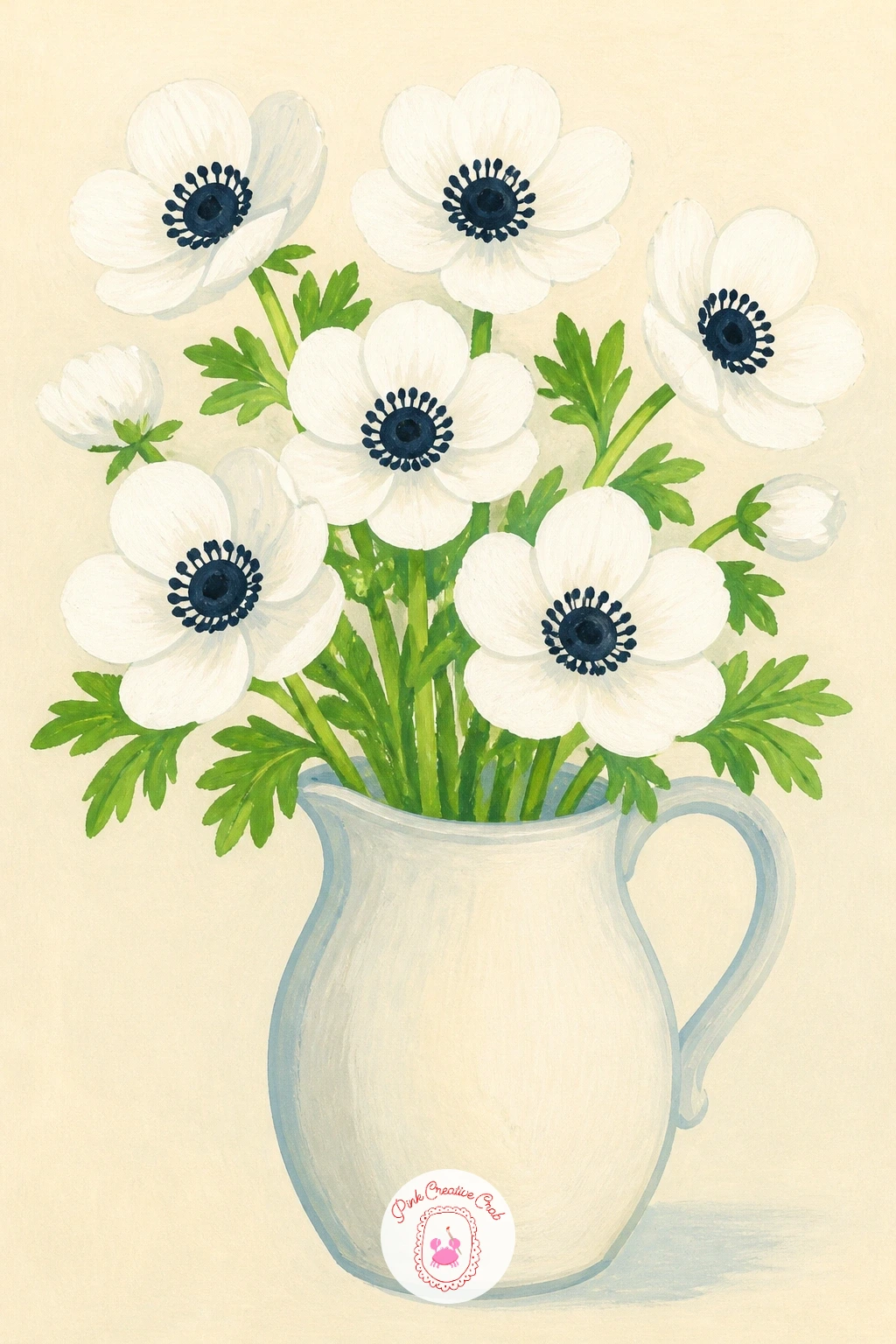White Anemones in a Jug — Shift from potted to cut flowers with a simple jug of white anemones. Lily of the valley painting