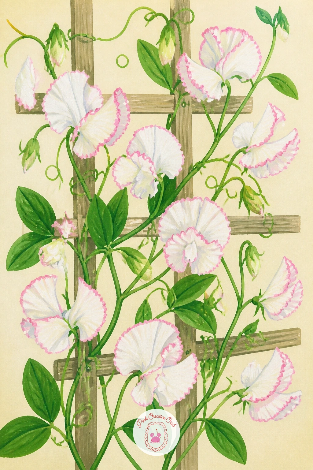 Sweet Peas on a Garden Trellis — Take the flowers outdoors onto structure next: sweet peas climbing a garden trellis. Lily of the valley painting