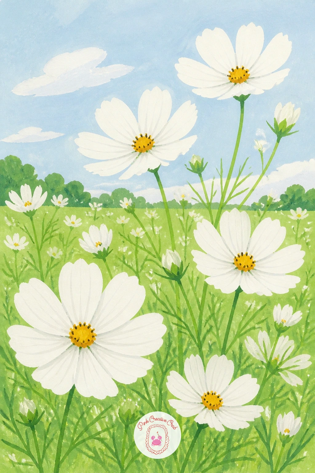 White Cosmos in a Meadow — Open the page up for a wider view: a scatter of white cosmos across a loose meadow. Lily of the valley painting