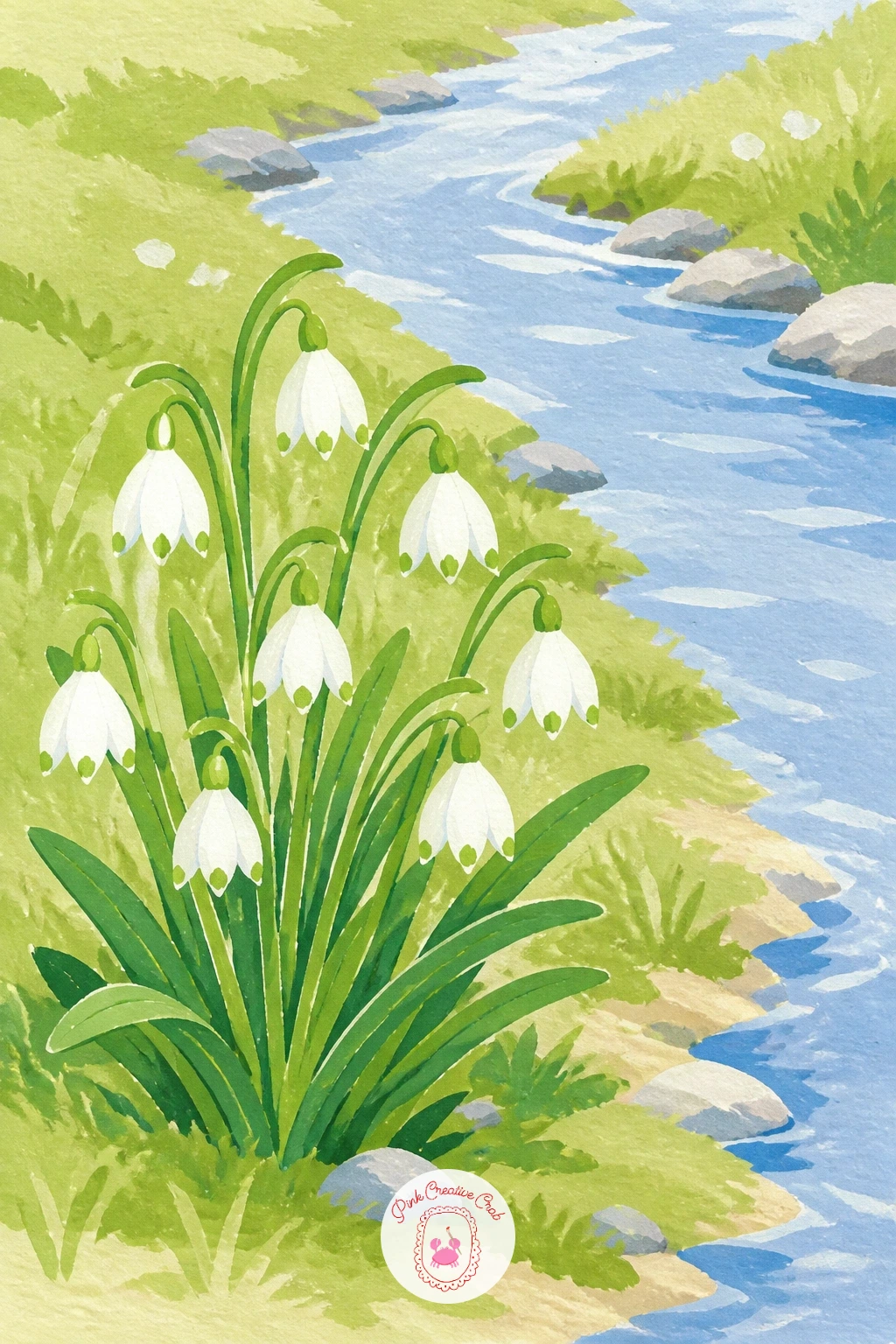 Snowflake Flowers by a Stream — Follow the water for this next scene: snowflake flowers growing in a small cluster beside a gently flowing stream. Lily of the