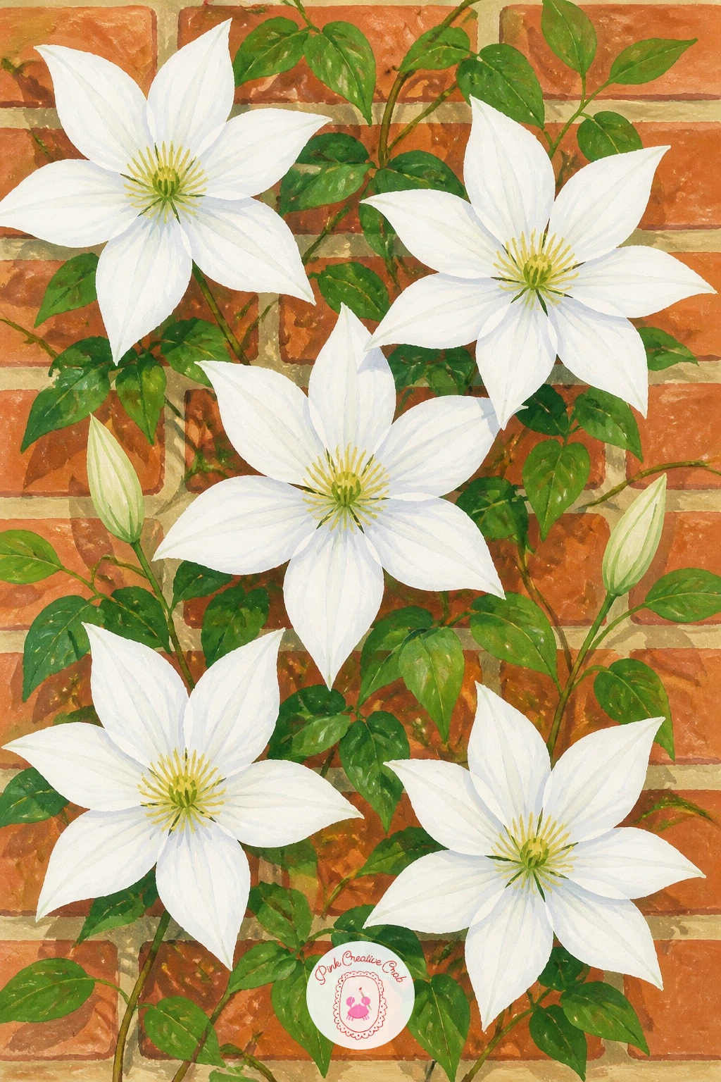 White Clematis on a Brick Wall — Give the flowers something solid to climb next: white clematis spreading across a brick wall. Lily of the valley painting