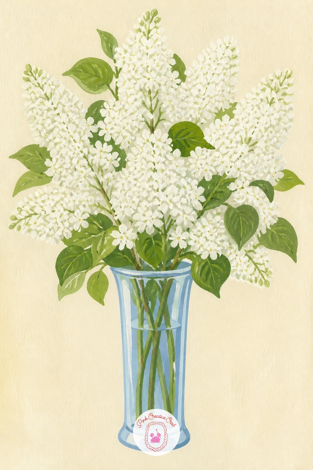 White Lilac in a Vase — Move to something fuller and more fragrant next: white lilac gathered loosely in a tall vase. Lily of the valley painting