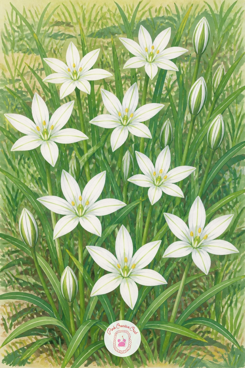 Star of Bethlehem Flowers in the Grass — Return to a small meadow moment with star of Bethlehem flowers scattered low in the grass. Lily of the valley painting