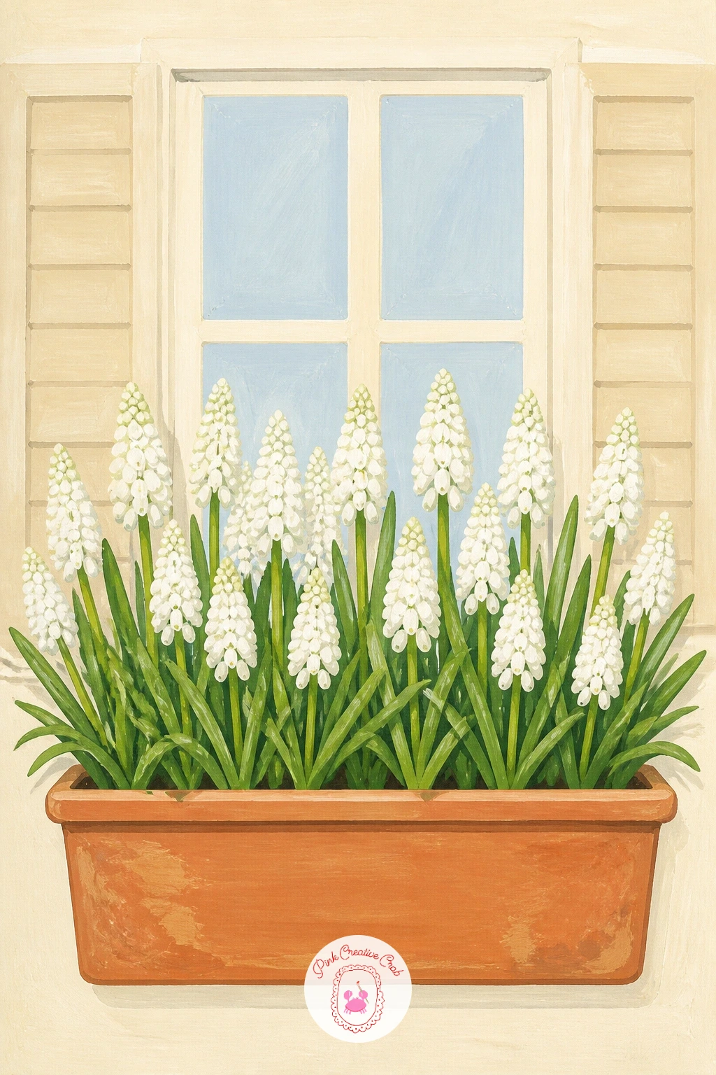 White Grape Hyacinths in a Window Box — Here is a nice contrast after all that white: grape hyacinths, usually blue, painted here in their white variety