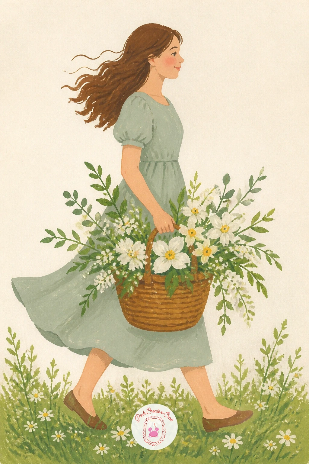 Girl Carrying a Basket of White Spring Flowers — Bring a figure back in for this one: a girl carrying a basket brimming with mixed white spring flowers. Lily
