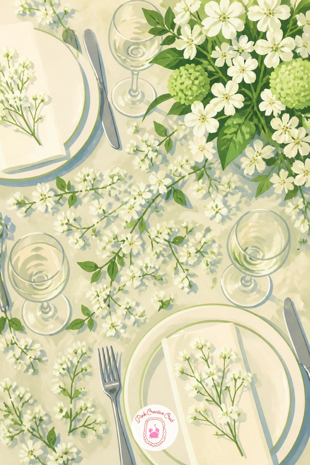 Spring Wedding Table With Tiny White Flowers — Zoom out to a fuller scene next: a spring wedding table scattered with tiny white flowers among simple place