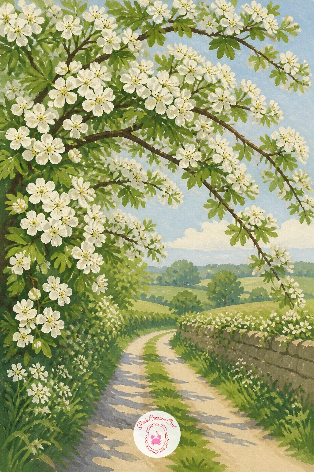 Hawthorn Blossom Over a Country Lane — Take the view wider again for hawthorn blossom arching over a quiet country lane. Lily of the valley painting