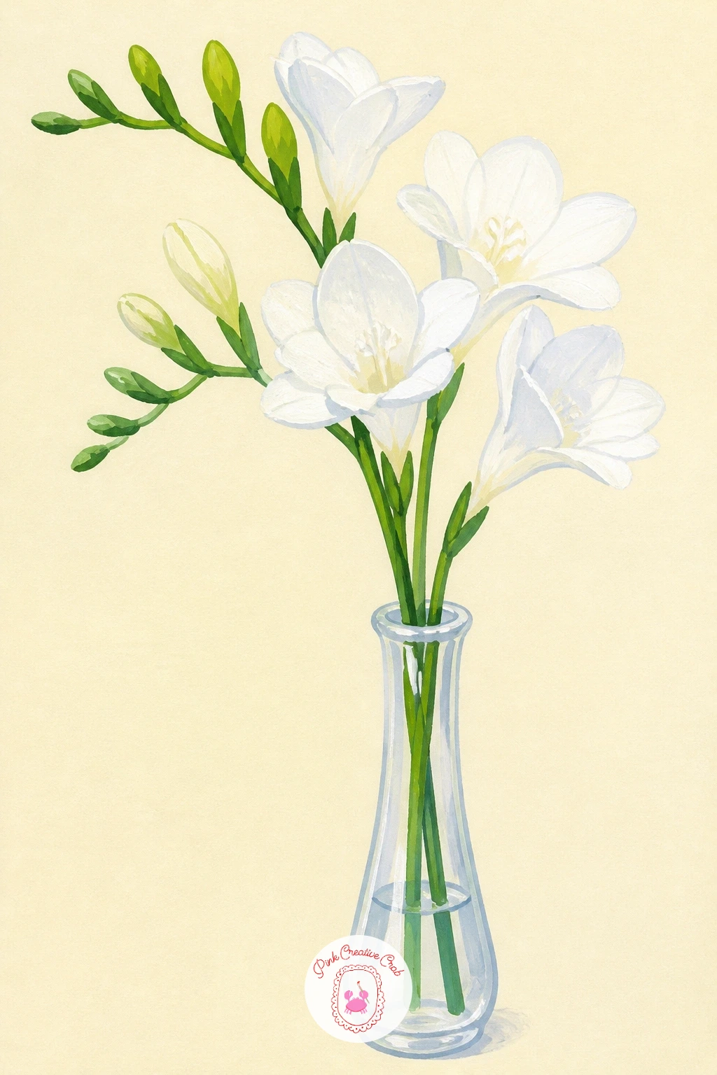 White Freesia in a Bud Vase — Bring the scale back down for something quick: white freesia in a single slender bud vase. Lily of the valley painting