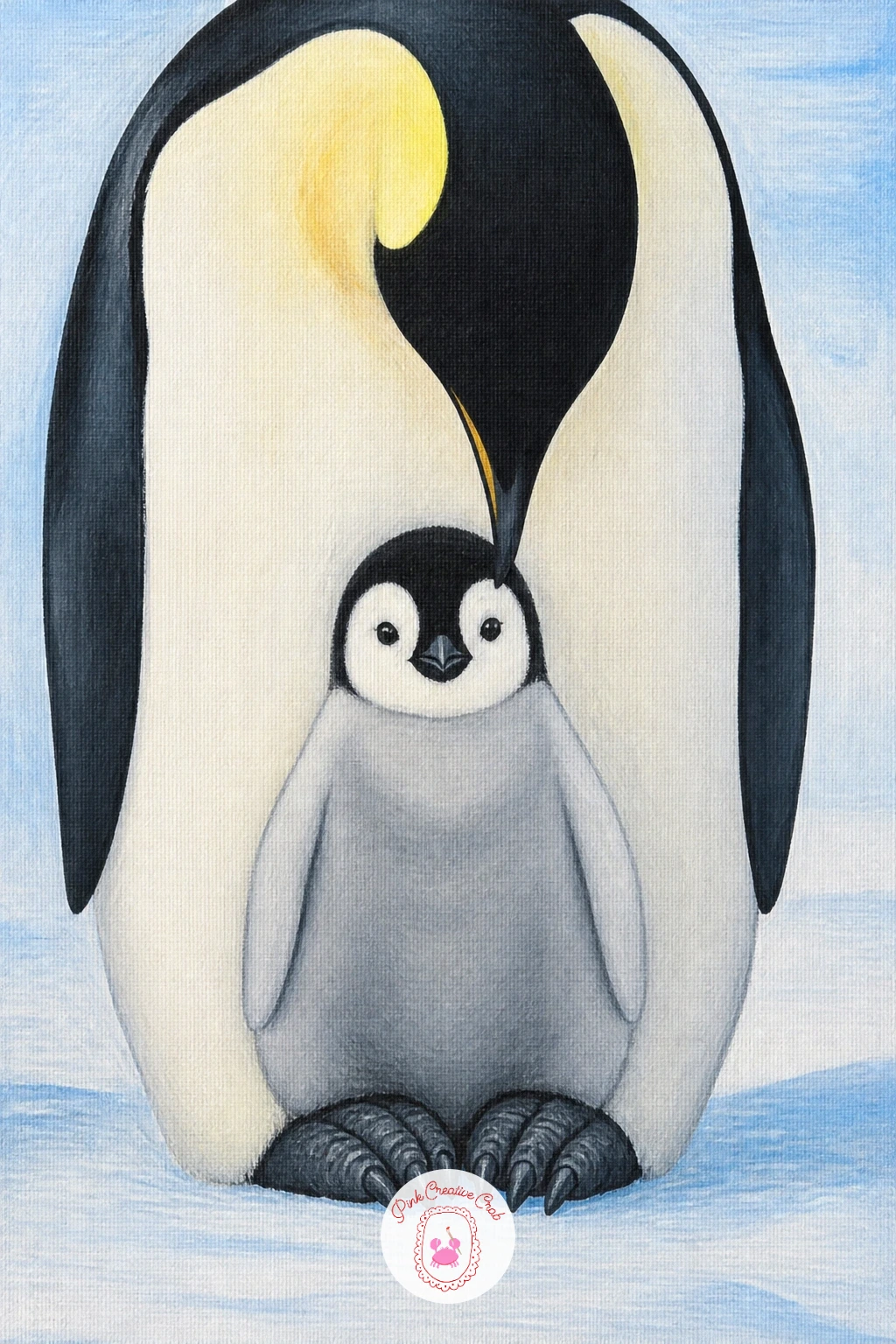 Emperor Chick On Parent Feet — Start simple: an emperor chick standing on its parent's feet is the easiest penguin story to tell and a gentle way into the