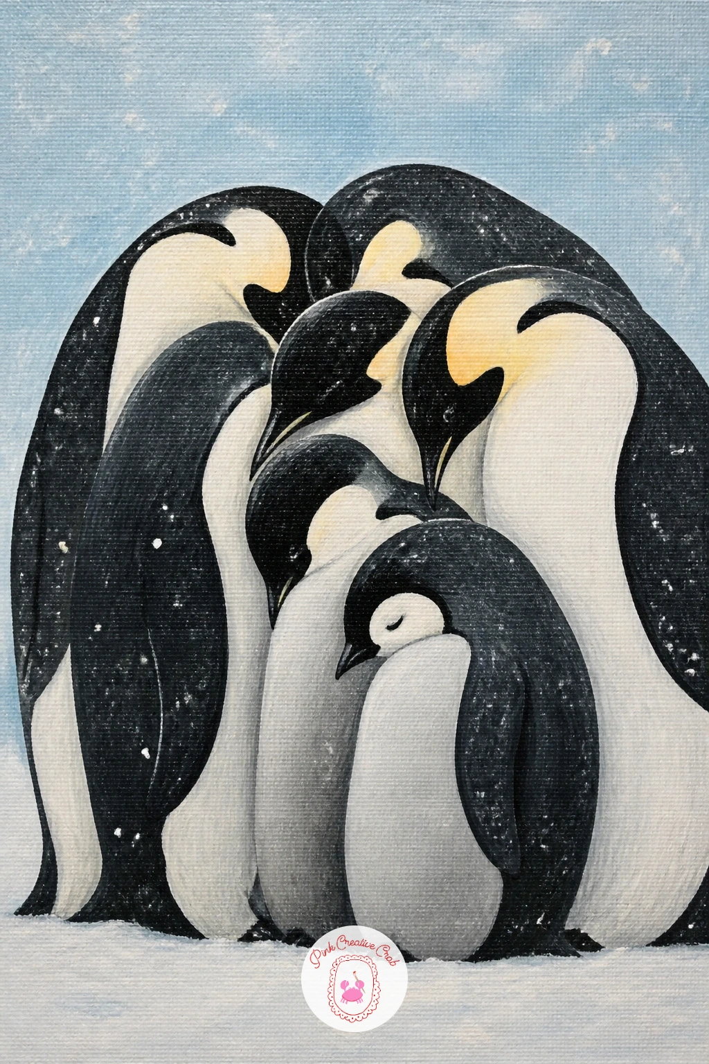 Emperor Huddle In Falling Snow — Build on that single emperor by grouping a few together: an emperor huddle in falling snow turns one bird into a cosy crowd