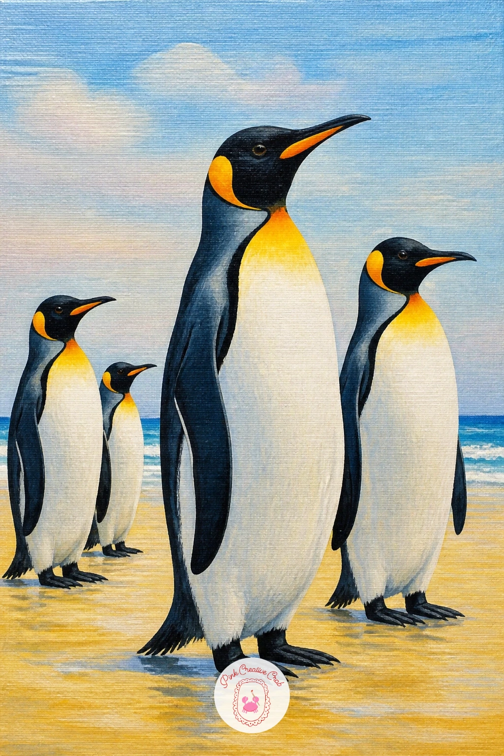 King Penguin Colony On A Beach — Widen the scene again with a king penguin colony on a beach, which trades snow for golden sand and lets you bring in warmer
