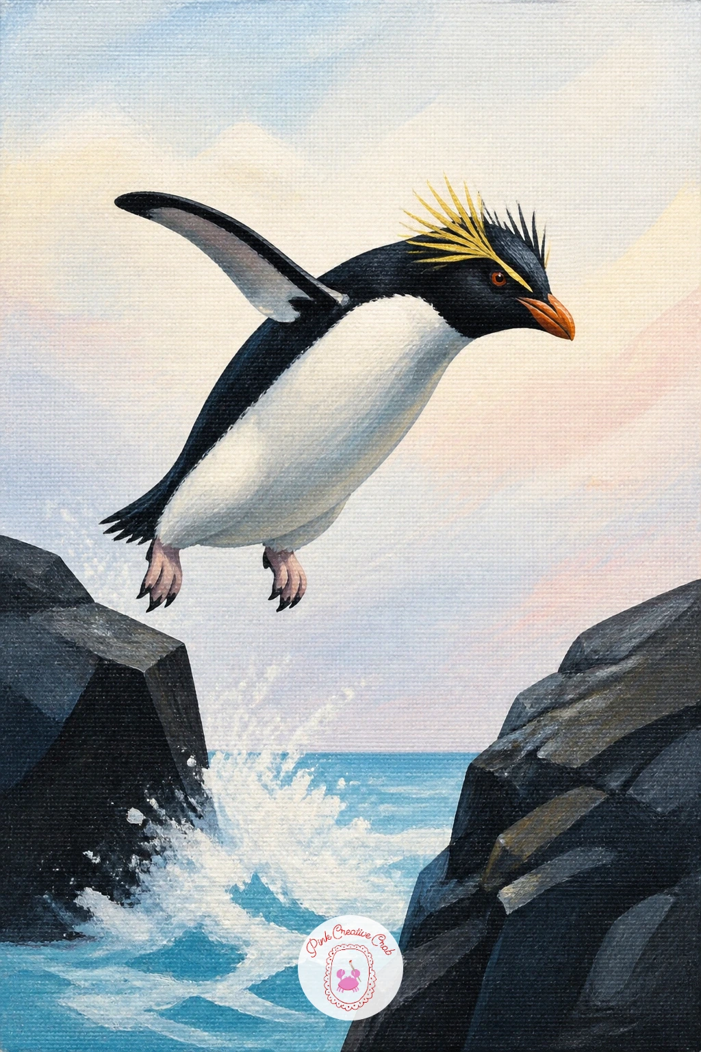 Rockhopper Jumping Between Rocks — Where does the eye go first in a jumping pose. Penguin painting