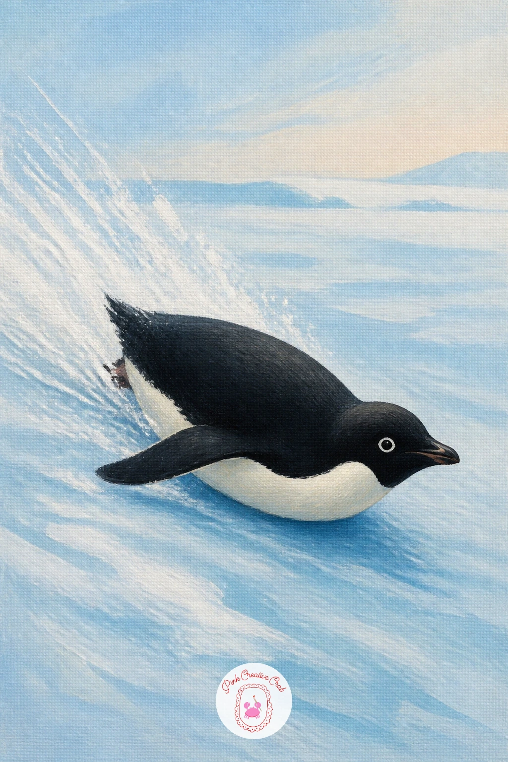 Adelie Sliding On Its Belly — Keep the energy up with an Adelie sliding on its belly across the ice, a pose built entirely around one strong diagonal line.