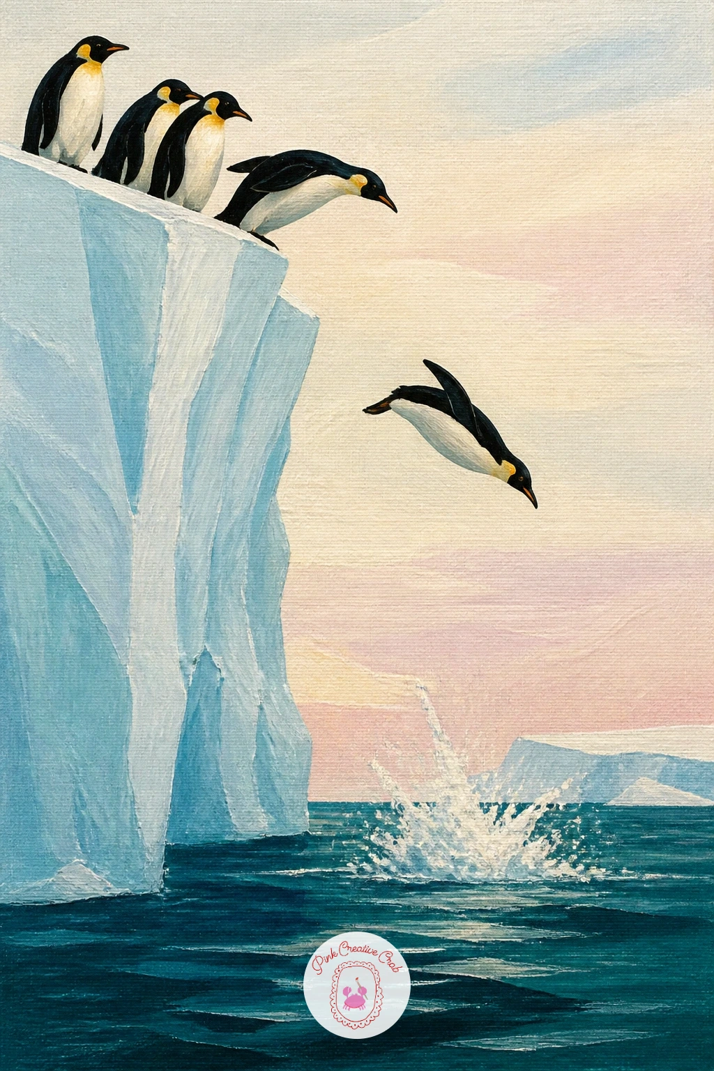 Penguins Jumping Off An Iceberg — Raise the stakes with penguins jumping off an iceberg, a scene that needs a clear sense of height to work. Penguin painting