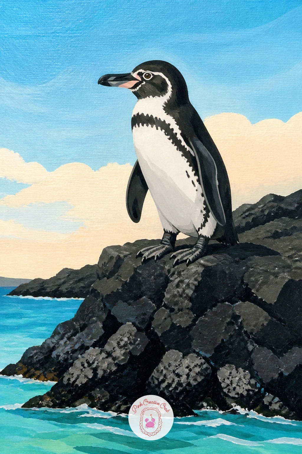 Galapagos Penguin On Black Lava Rocks — Trade snow for volcanic rock with a Galapagos penguin on black lava rocks, the only penguin species found near the