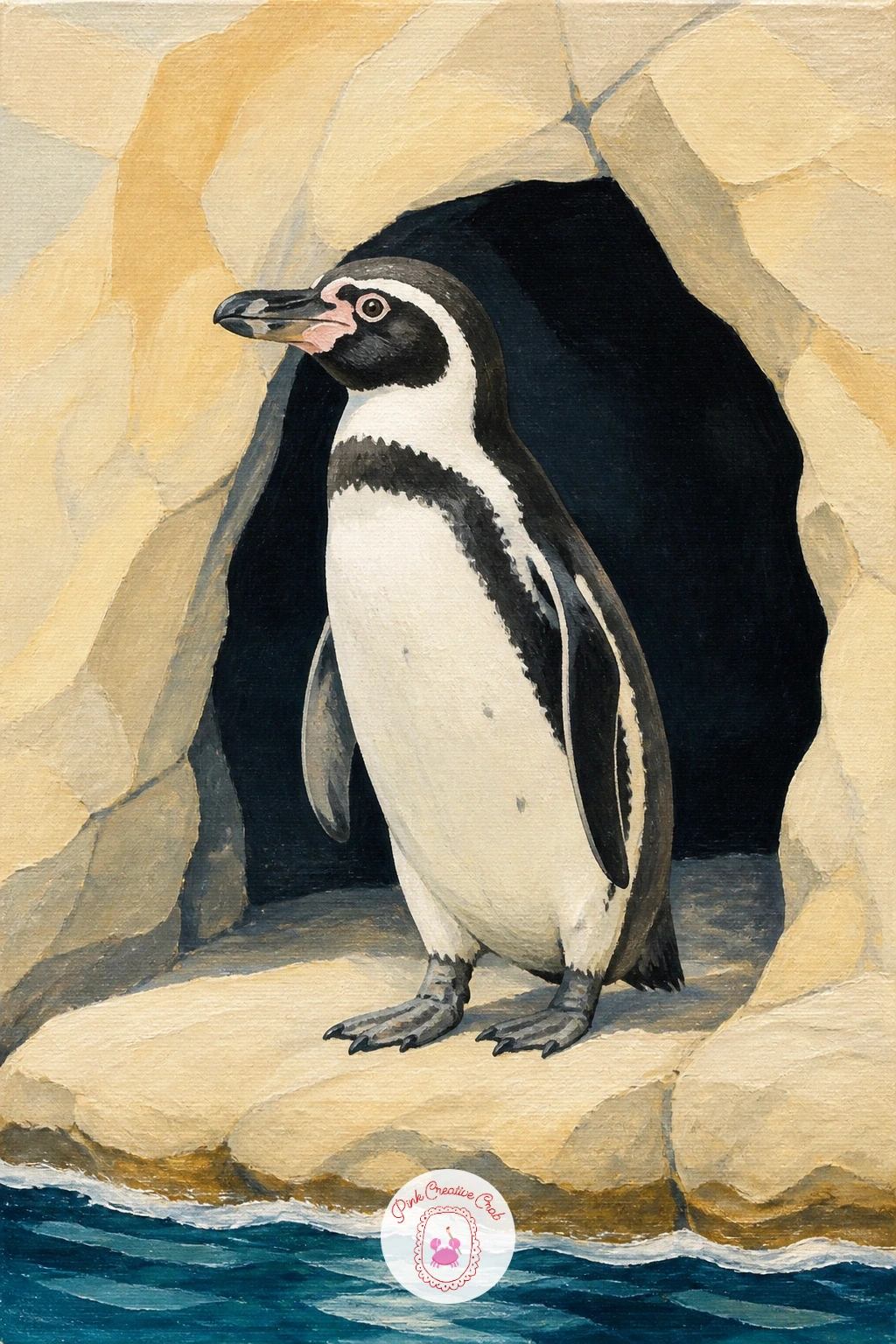 Humboldt Penguin By A Sea Cave — Carry that warm coastal feeling into a Humboldt penguin by a sea cave, a species that nests along the rocky coast of South