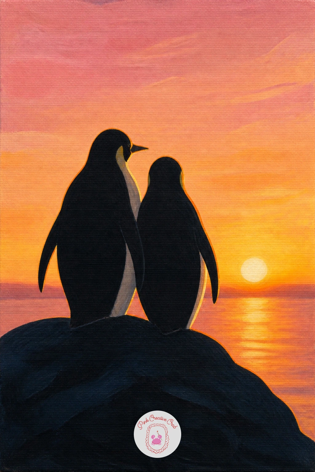 Penguin Couple On A Rock At Sunset — Slow things down with a penguin couple on a rock at sunset, a quiet two-figure piece built around warm light rather than