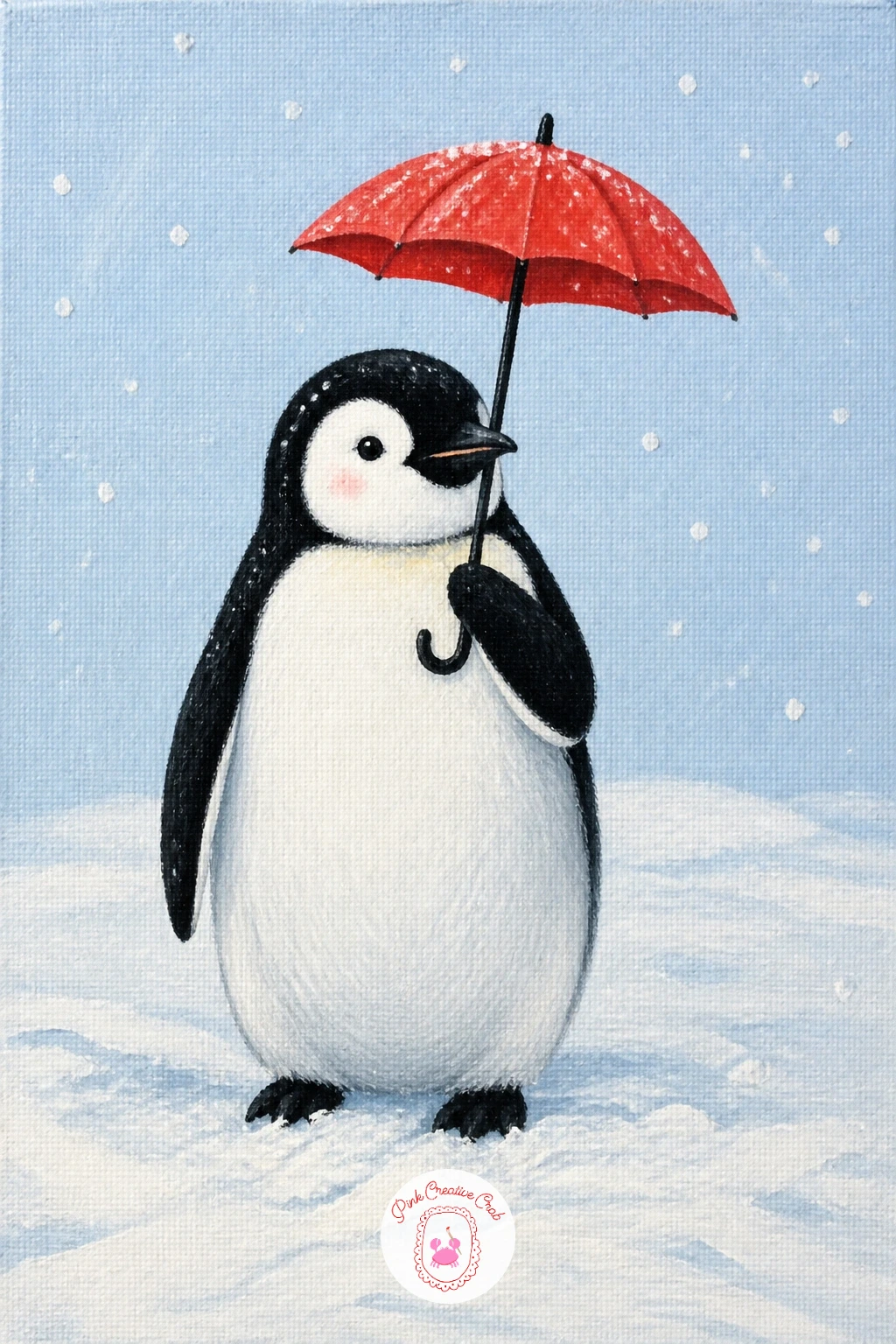 Penguin With A Tiny Umbrella In The Snow — Add a little whimsy with a penguin with a tiny umbrella in the snow, a playful piece that works well as a quick, fun