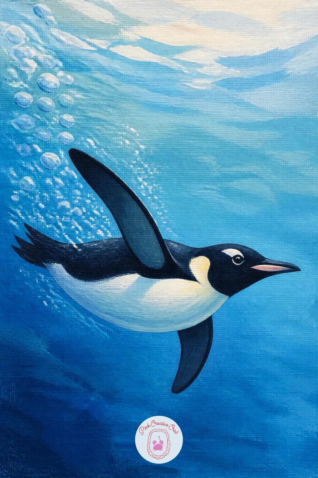 Penguin Swimming Among Bubbles Underwater — Take the penguin below the surface now for a penguin swimming among bubbles underwater, a composition built on cool