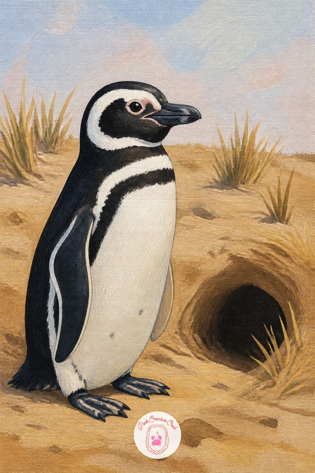 Magellanic Penguin By Its Burrow — Give the viewer a sense of home with a Magellanic penguin by its burrow, since this species nests in dug-out ground burrows